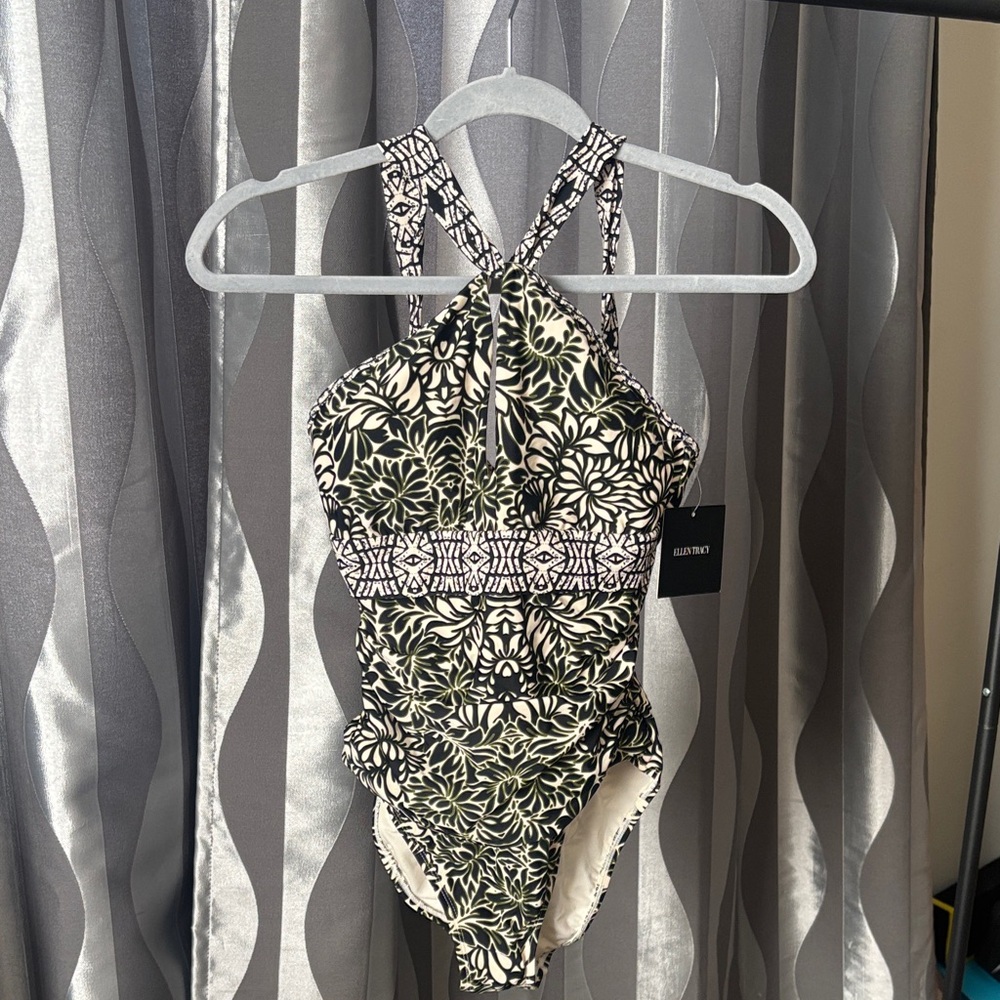 Ellen Tracy Black and White Floral One Piece Swimsuit
